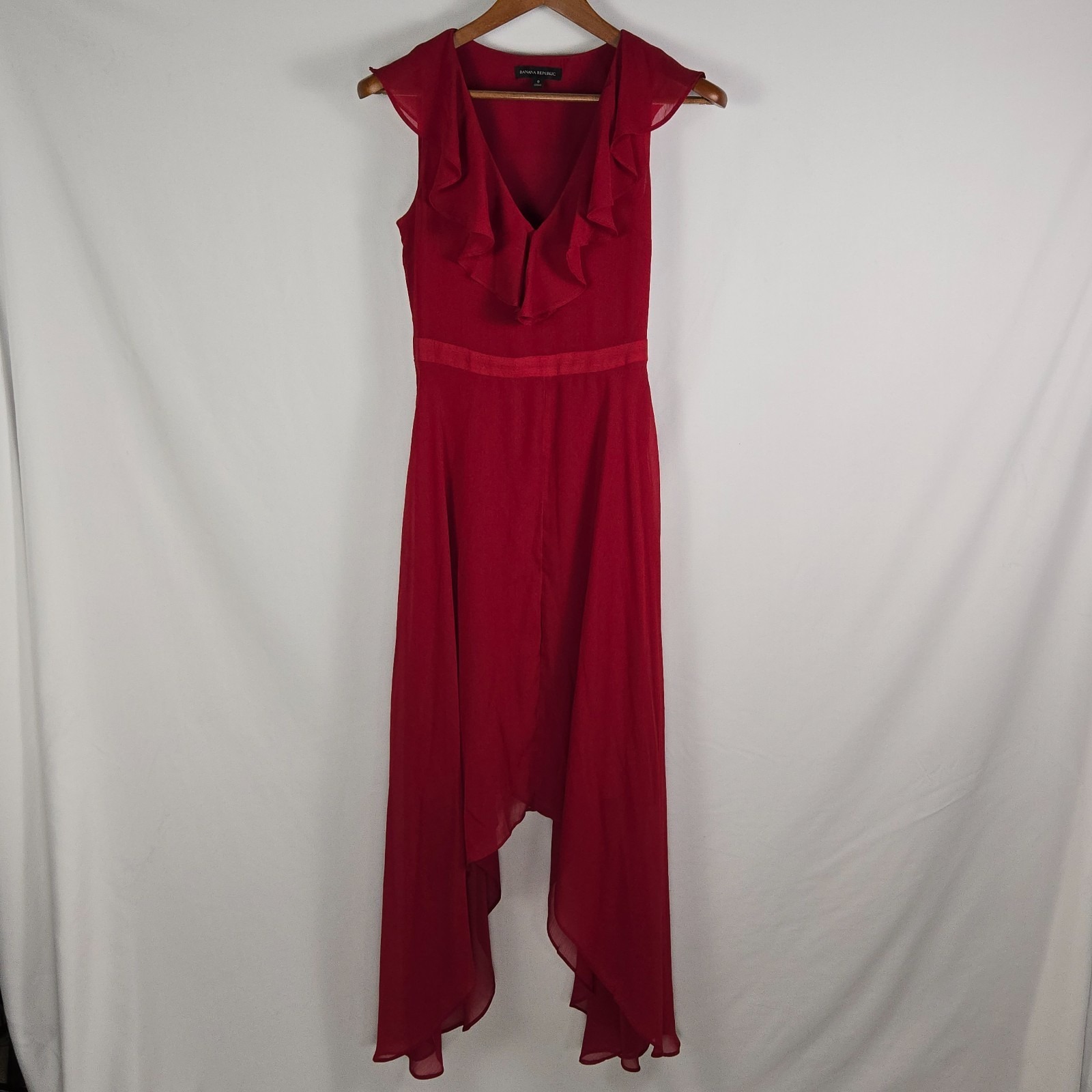 Banana Republic Red Ruffle V-Neck Handkerchief Hem Highlow Midi Dress 0 Cocktail